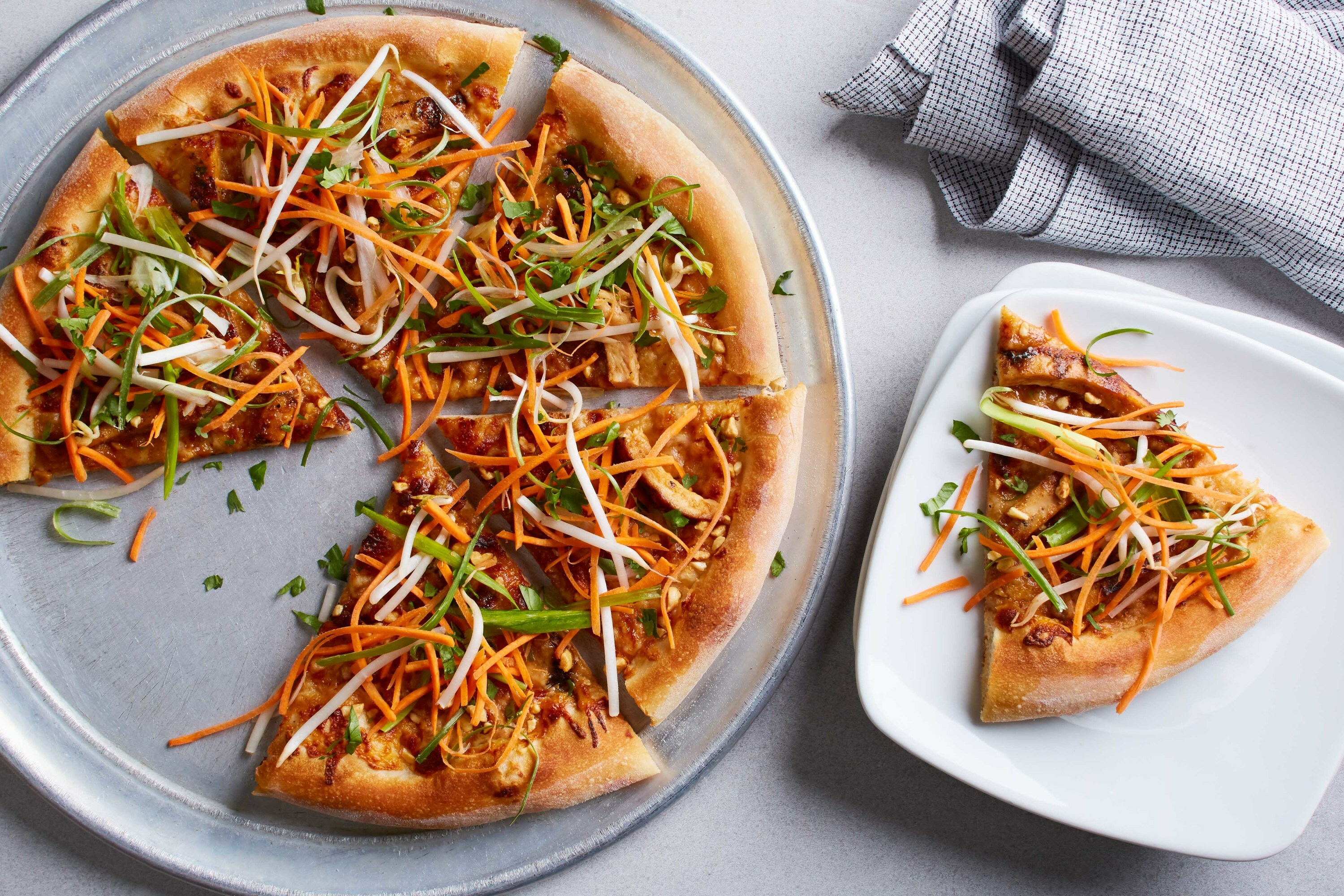 California Pizza Kitchen thai chicken pizza The California Pizza Kitchen thai chicken pizza is a fan-favorite.