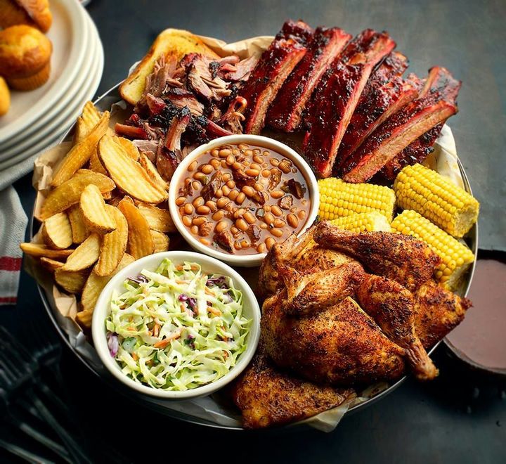 Famous Dave's BBQ Plate of barbecue meat, beans, and more, all available at Famous Dave's fundraisers